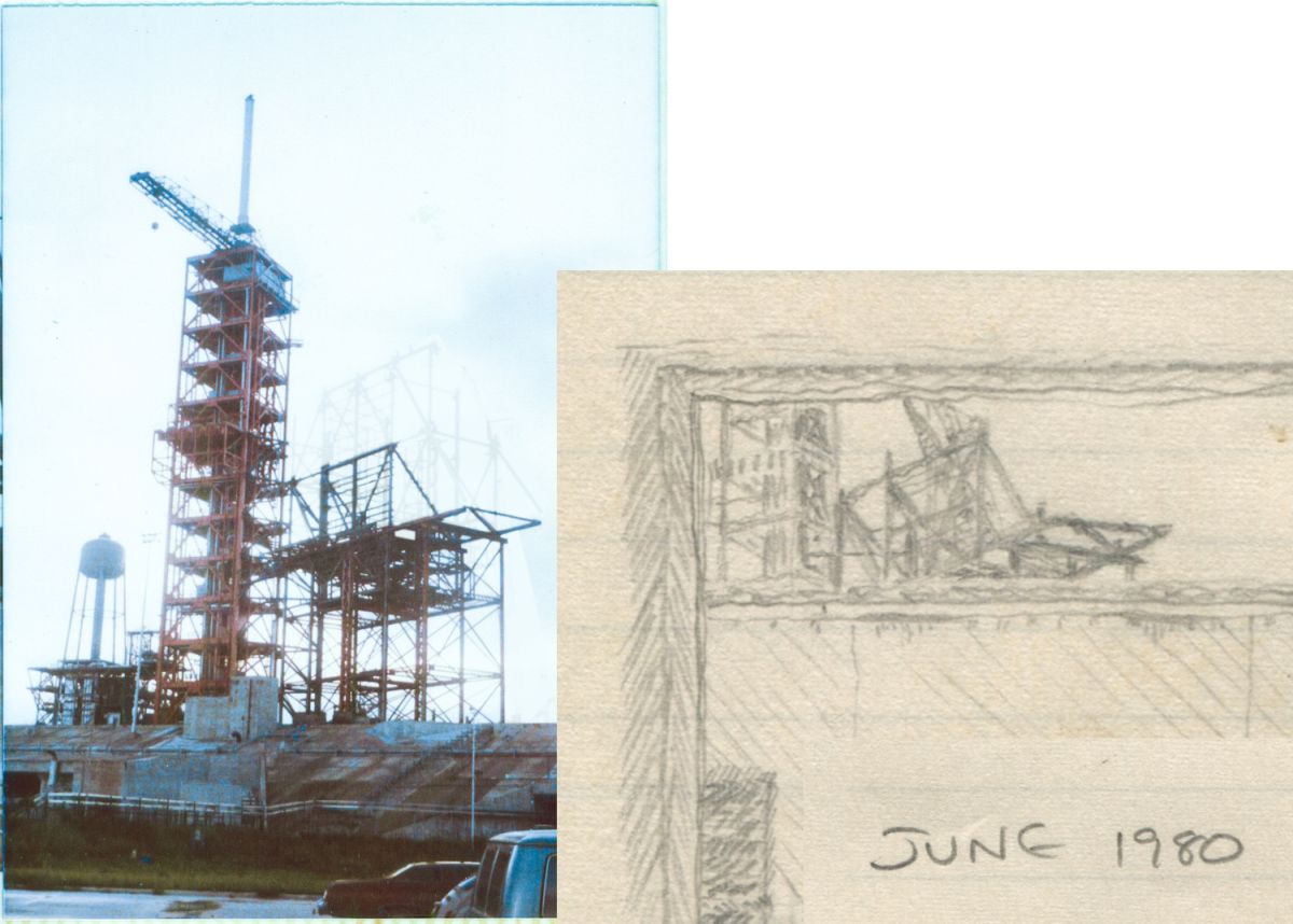 Image 002. The beginnings of the Great Rotating Service Structure at Space Shuttle Launch Complex 39-B, Kennedy Space Center, Florida. On the left one of the earliest photographs taken of the growing structure, altered by fading out those members which had been erected after the sketch to the right had been created by James MacLaren, during an idle moment at work in Sheffield Steel’s jobsite field trailer at Pad B. Photo and sketch by James MacLaren.
